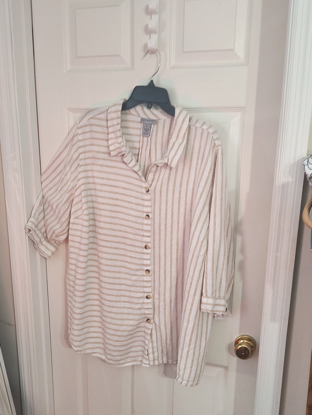 Catherines Cream Shirt with Tan Stripes - Button Front
